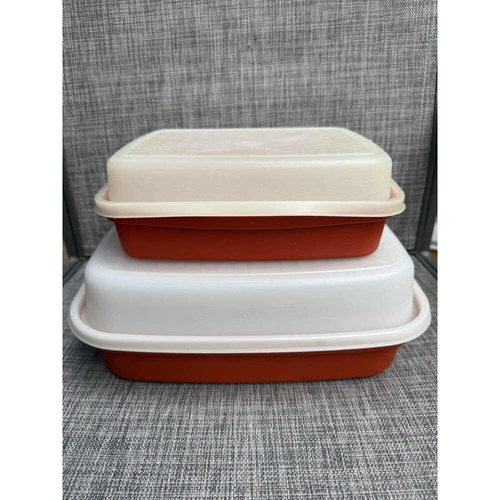 Tupperware Vintage Meat Keeper Marinade Container Set of 2 PAPRIKA RED W/ Lids